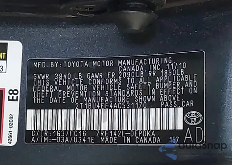 2010 Toyota Corolla Le from USA, damaged, VIN 2T1BU4EE4AC531170